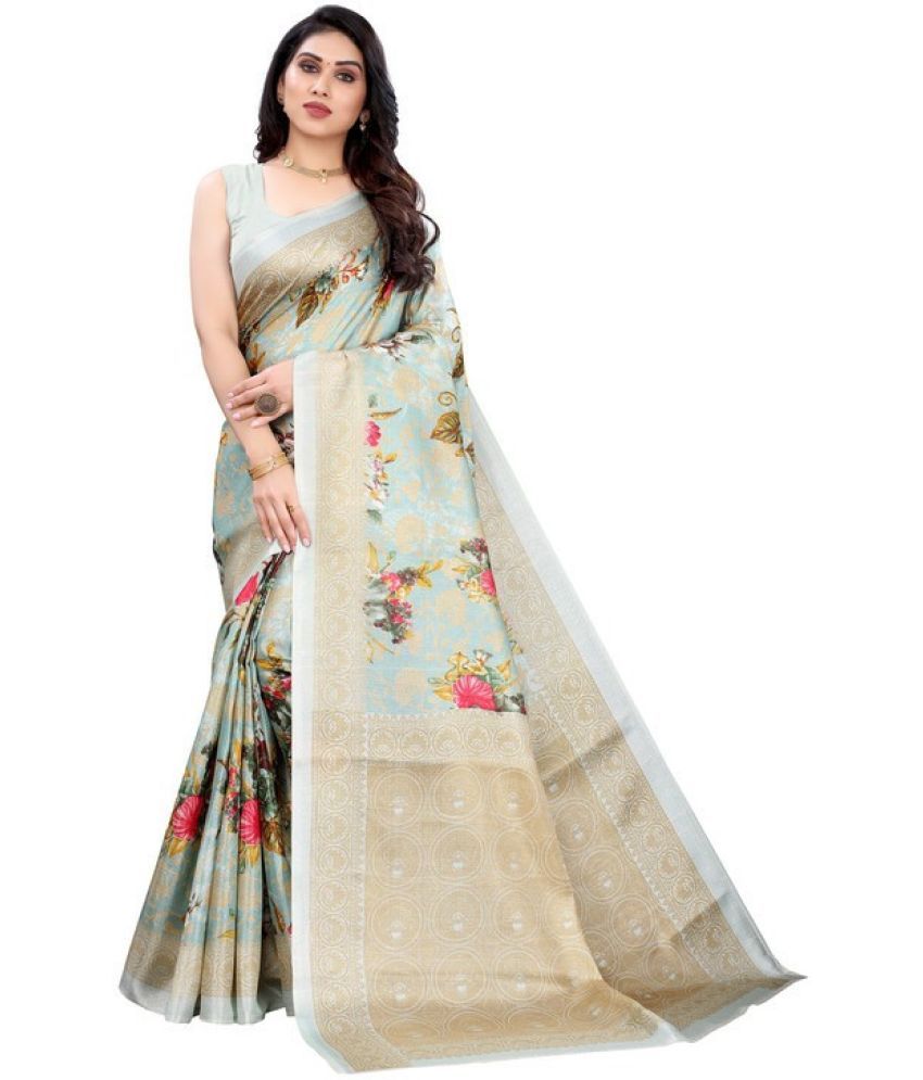     			Vkaran Cotton Silk Printed Saree Without Blouse Piece - Blue ( Pack of 1 )