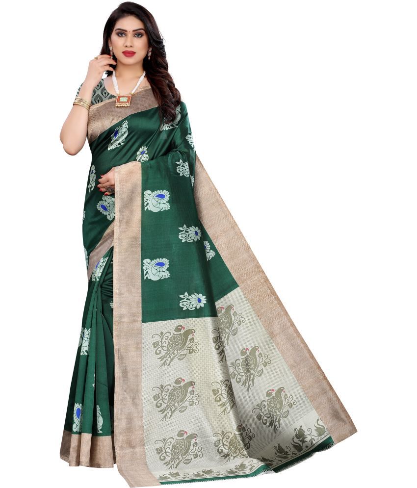     			Vkaran Cotton Silk Self Design Saree Without Blouse Piece - Green ( Pack of 1 )