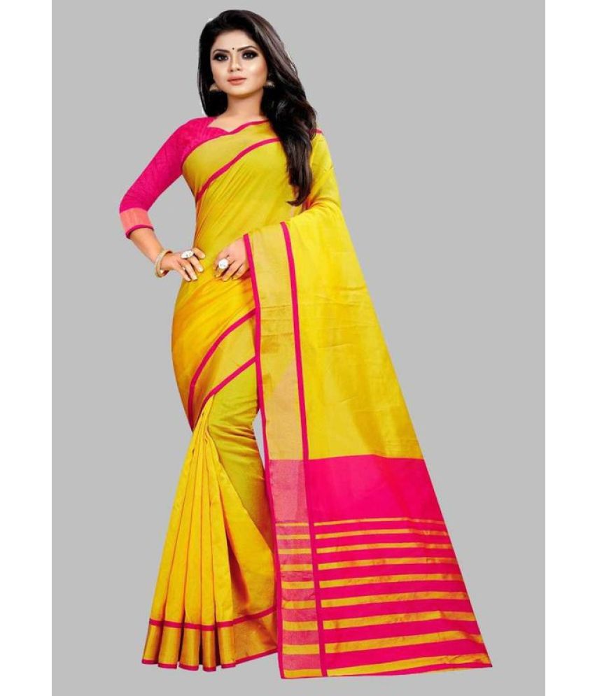     			Vkaran Cotton Silk Woven Saree Without Blouse Piece - Yellow ( Pack of 1 )