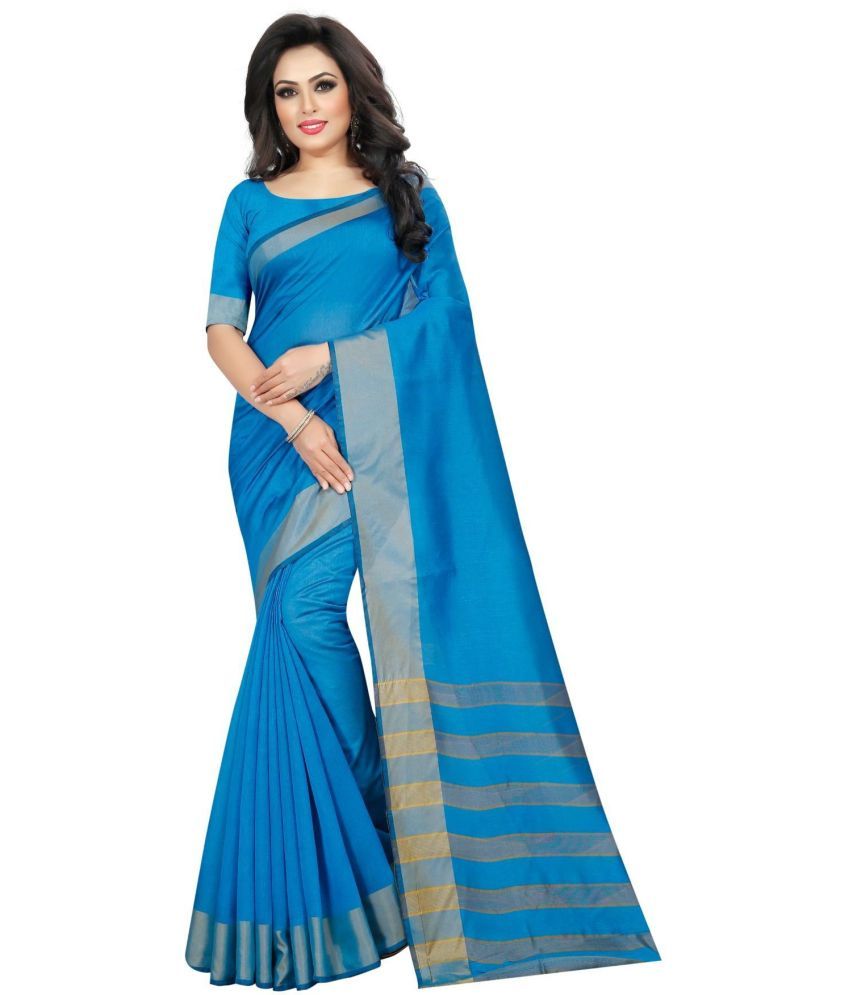     			Vkaran Cotton Silk Woven Saree Without Blouse Piece - Light Blue ( Pack of 1 )