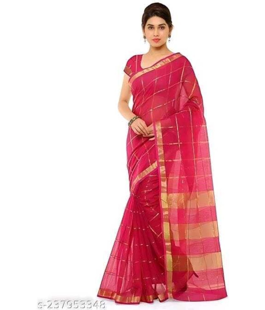     			Vkaran Cotton Silk Woven Saree Without Blouse Piece - Pink ( Pack of 1 )