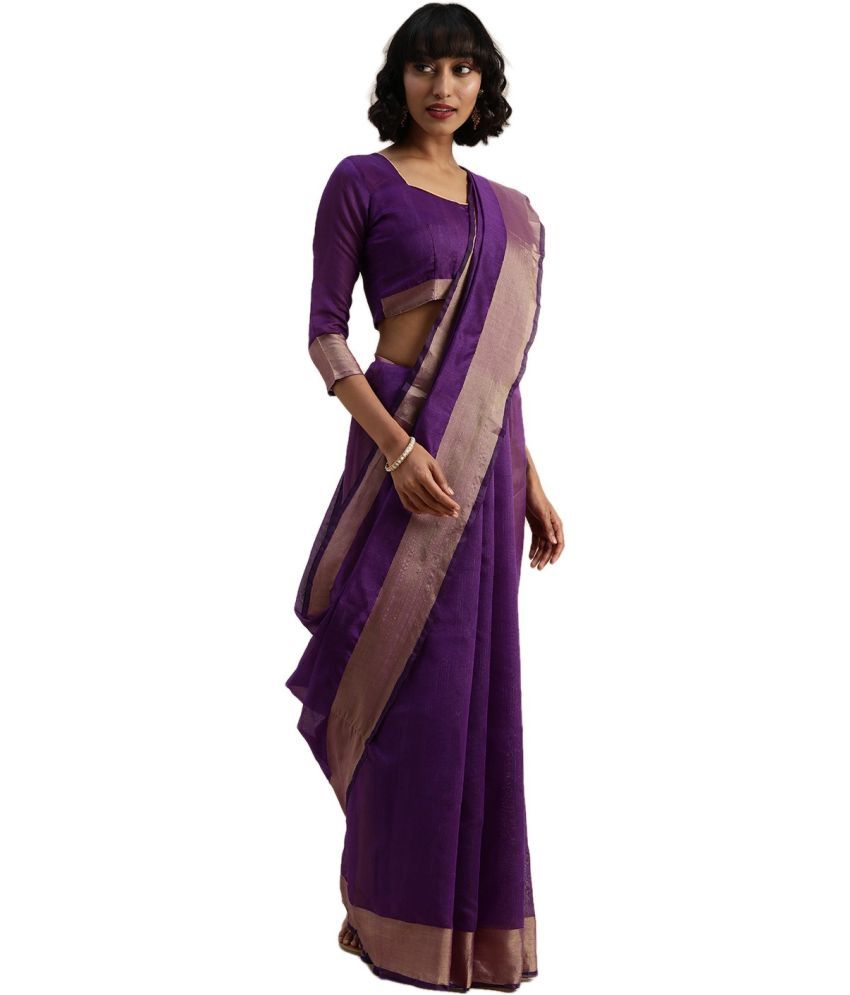     			Vkaran Cotton Silk Woven Saree Without Blouse Piece - Purple ( Pack of 1 )