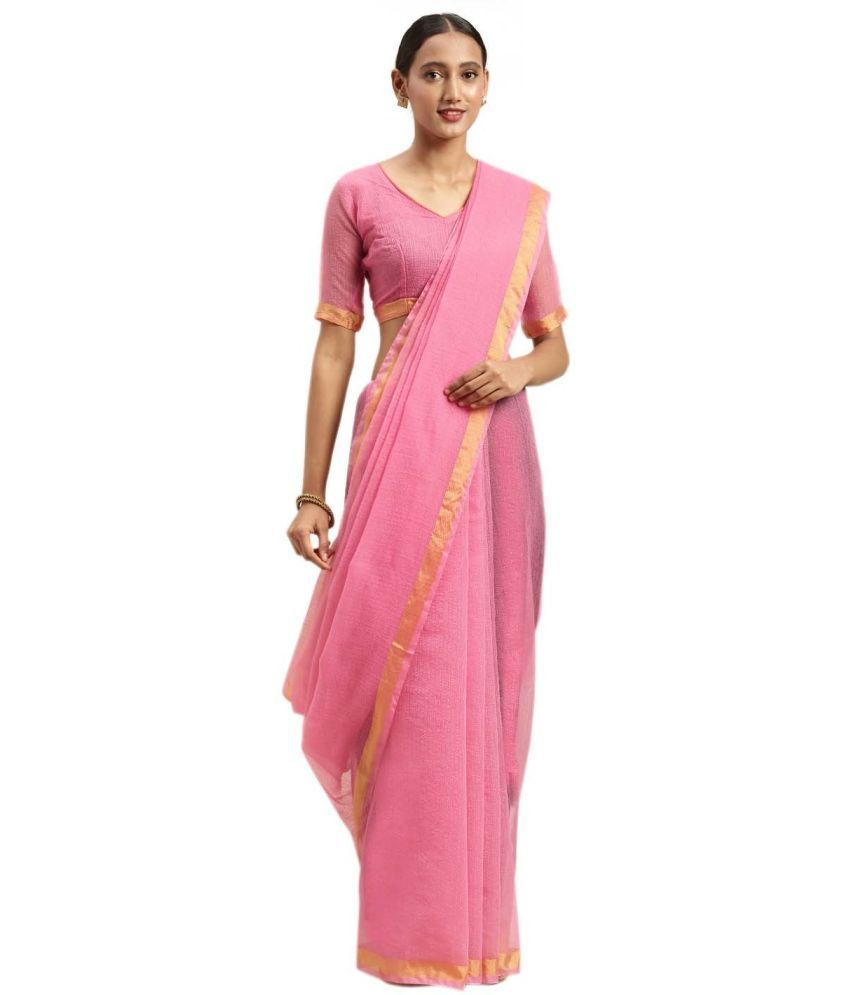     			Vkaran Cotton Silk Woven Saree Without Blouse Piece - Pink ( Pack of 1 )