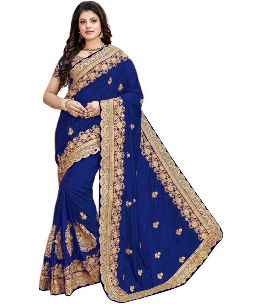     			kedar fab Silk Blend Embroidered Saree With Blouse Piece - Blue ( Pack of 1 )