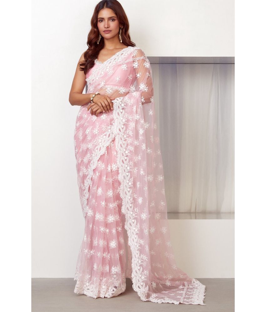     			kedar fab Net Embroidered Saree With Blouse Piece - Pink ( Pack of 1 )