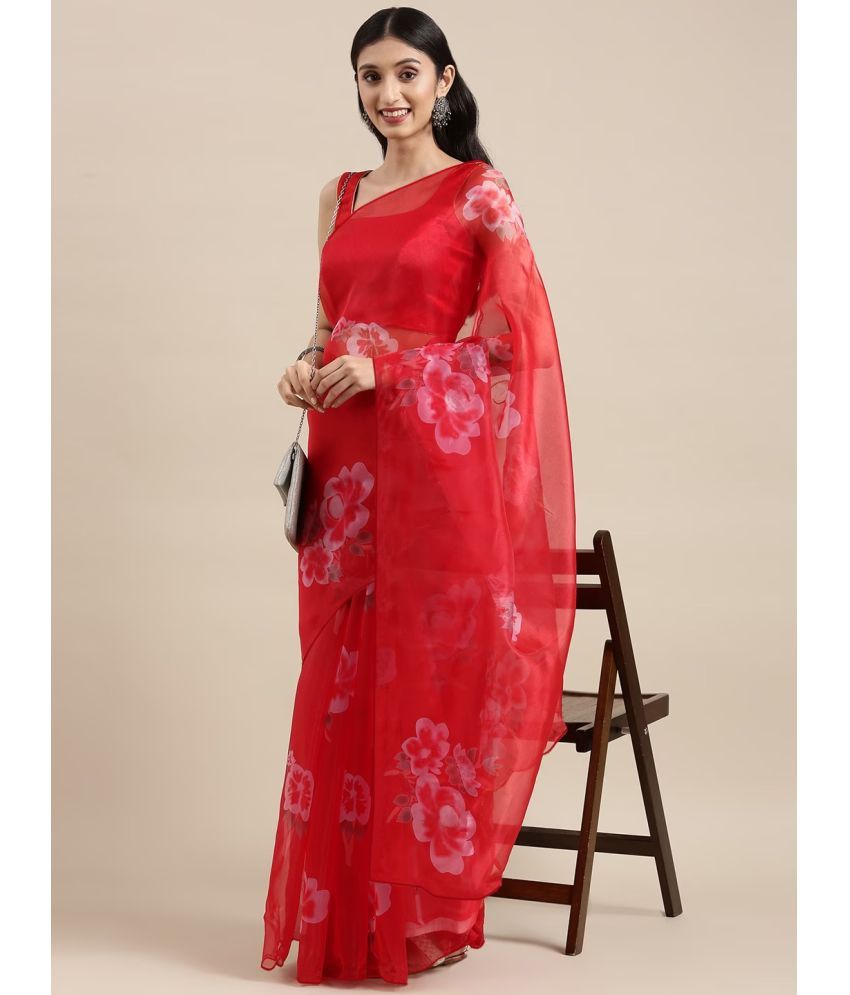     			kedar fab Net Printed Saree With Blouse Piece - Red ( Pack of 1 )