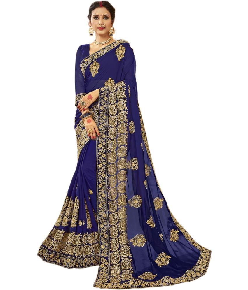     			kedar fab Silk Blend Embroidered Saree With Blouse Piece - Blue ( Pack of 1 )