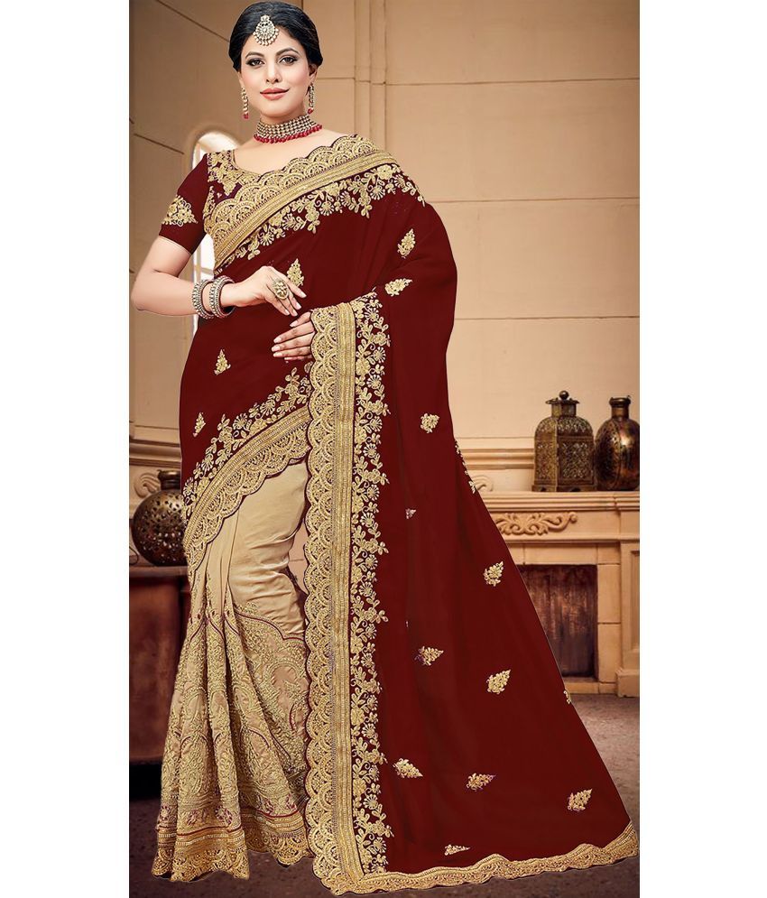     			kedar fab Silk Blend Embroidered Saree With Blouse Piece - Maroon ( Pack of 1 )