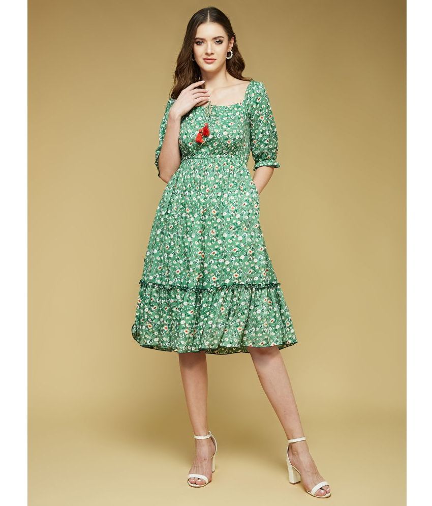     			Life with Pockets Rayon Printed Knee Length Women's Fit & Flare Dress - Green ( Pack of 1 )