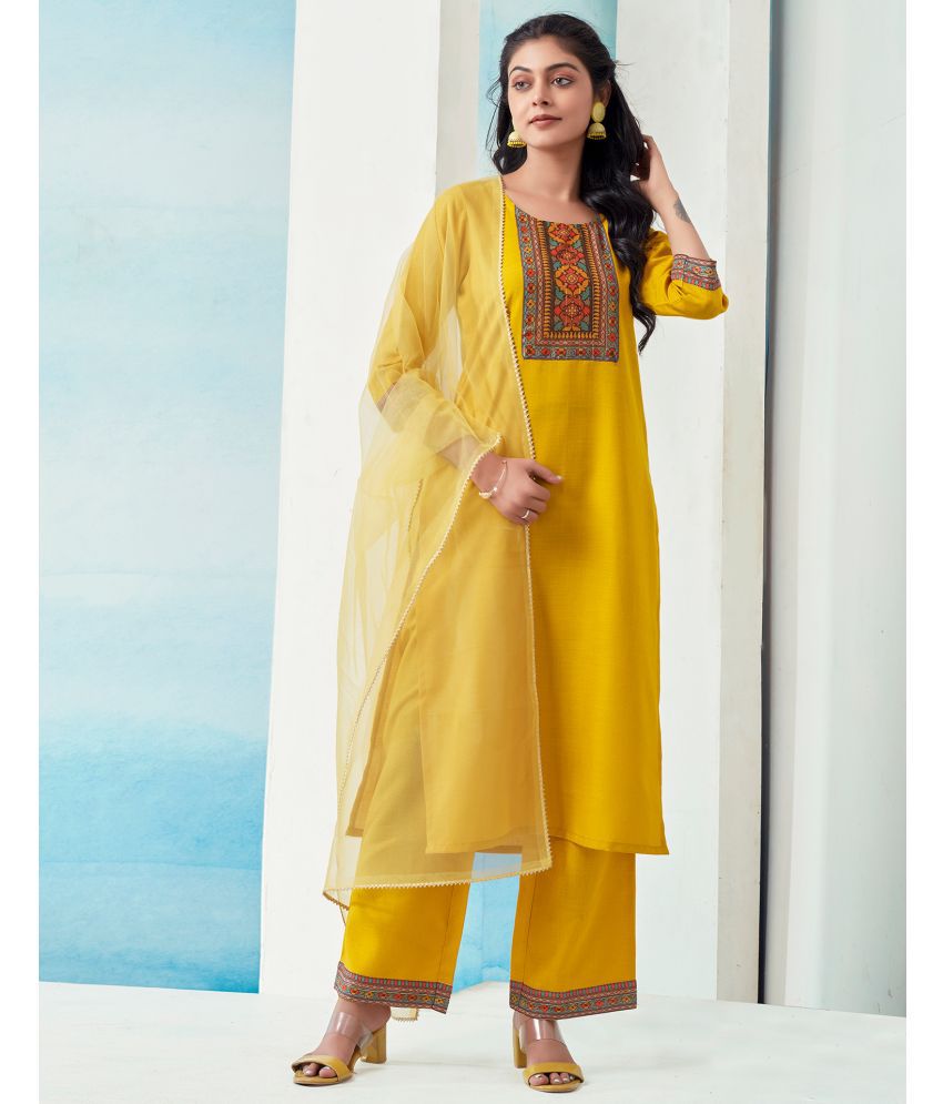     			Skylee Chiffon Printed Kurti With Pants Women's Stitched Salwar Suit - Yellow ( Pack of 1 )