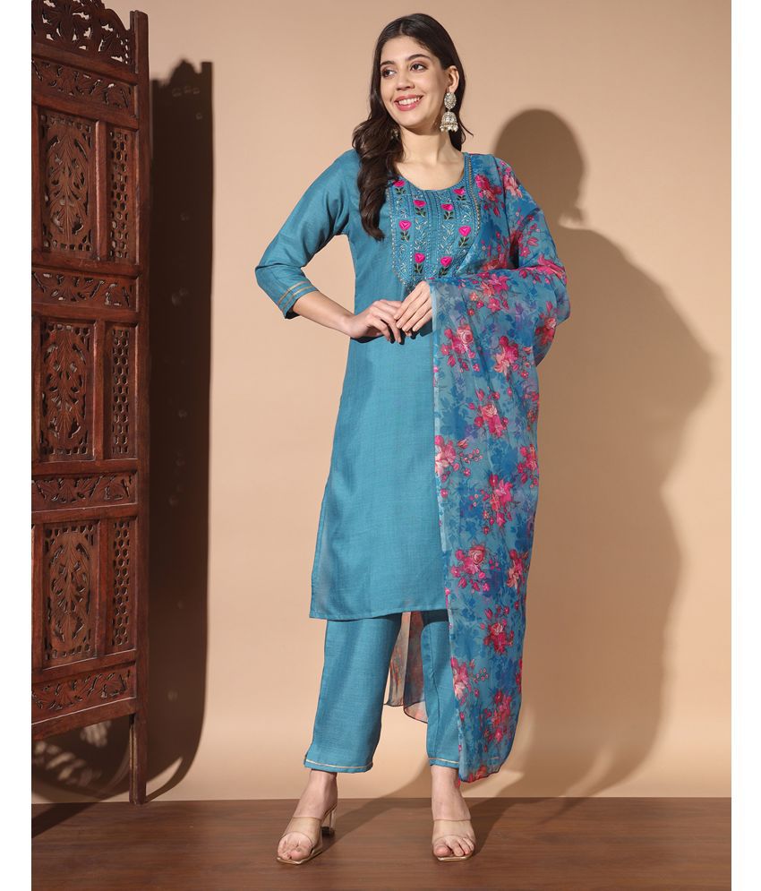     			Skylee Cotton Blend Embroidered Kurti With Pants Women's Stitched Salwar Suit - Blue ( Pack of 1 )