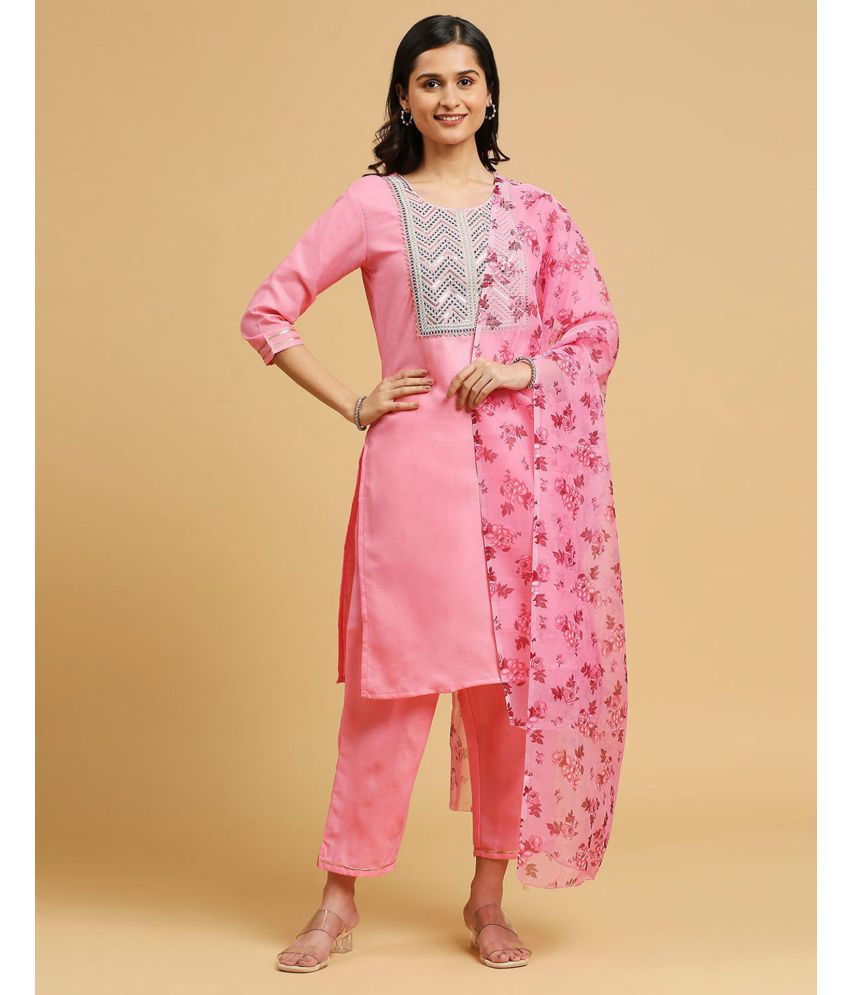     			Skylee Cotton Blend Embroidered Kurti With Pants Women's Stitched Salwar Suit - Pink ( Pack of 1 )