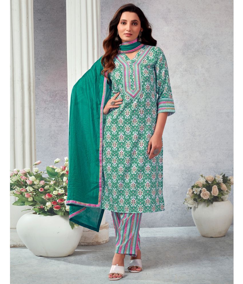     			Skylee Rayon Printed Kurti With Pants Women's Stitched Salwar Suit - Green ( Pack of 1 )