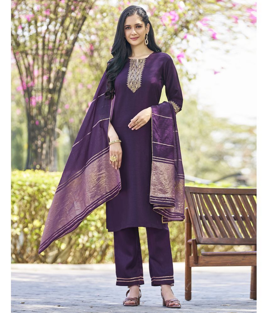     			Skylee Silk Blend Embroidered Kurti With Pants Women's Stitched Salwar Suit - Purple ( Pack of 1 )