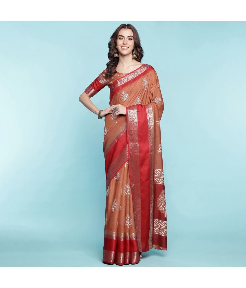     			Rekha Maniyar Fashions Silk Blend Printed Saree With Blouse Piece - Orange ( Pack of 1 )