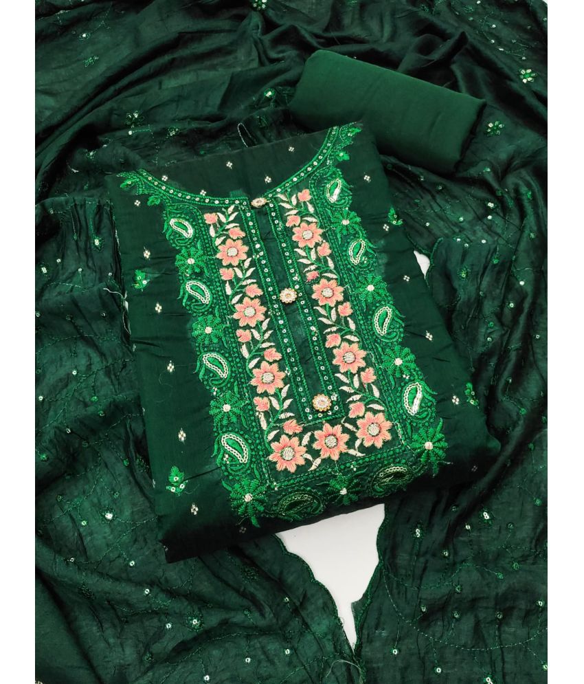     			ALSHOP Unstitched Chanderi Embroidered Dress Material - Green ( Pack of 1 )