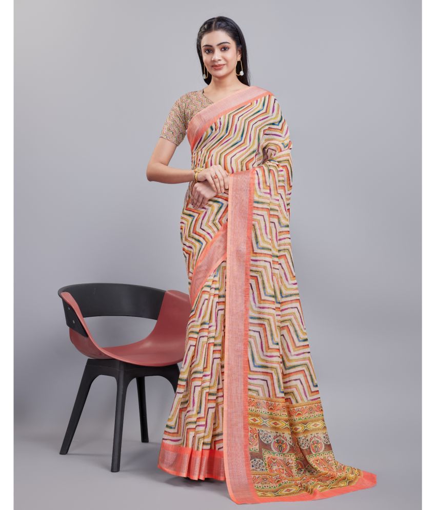     			Aadvik Linen Printed Saree With Blouse Piece - Multicolour ( Pack of 1 )