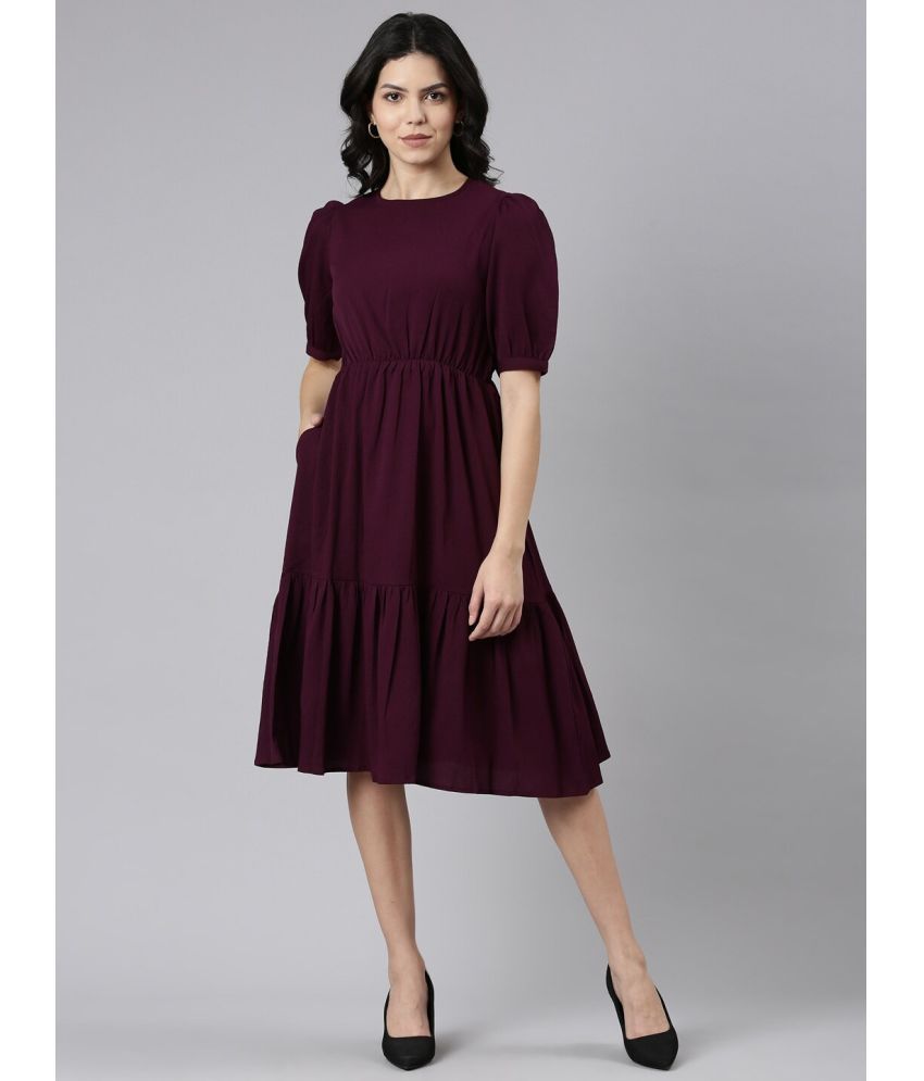     			JASH CREATION Polyester Solid Knee Length Women's Fit & Flare Dress - Wine ( Pack of 1 )
