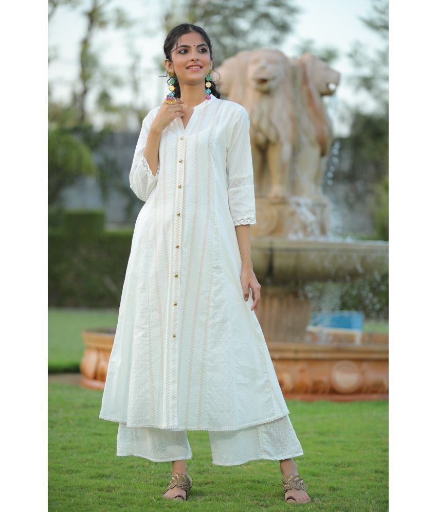     			Juniper Cotton Blend Self Design Front Slit Women's Kurti - White ( Pack of 1 )