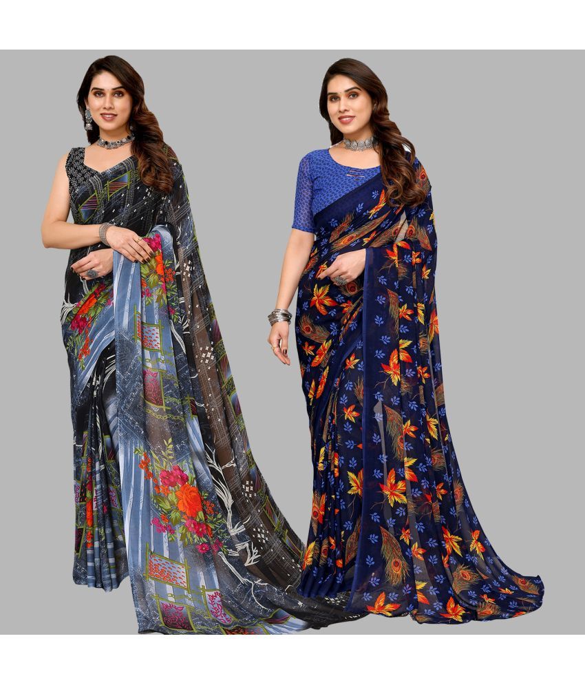     			Kashvi Sarees Georgette Printed Saree With Blouse Piece - Multicolor ( Pack of 2 )