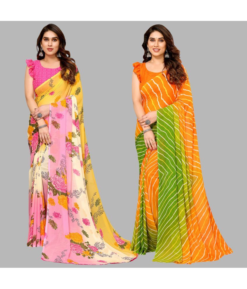     			Kashvi Sarees Georgette Printed Saree With Blouse Piece - Multicolor ( Pack of 2 )