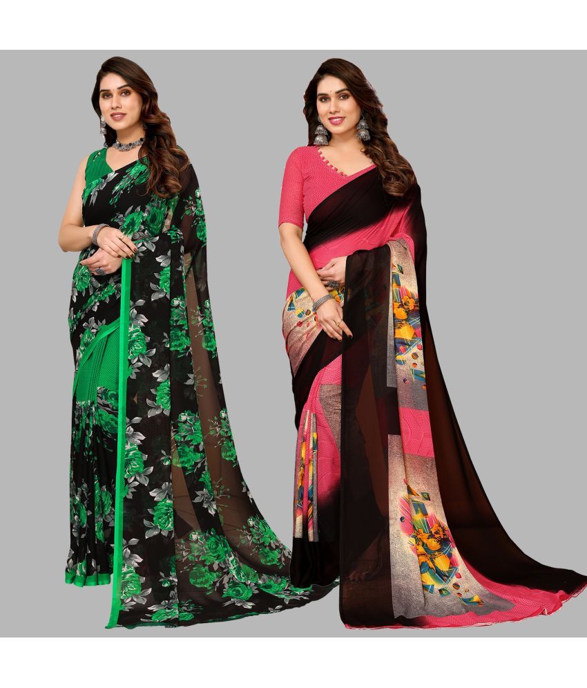     			Kashvi Sarees Georgette Printed Saree With Blouse Piece - Multicolor ( Pack of 2 )