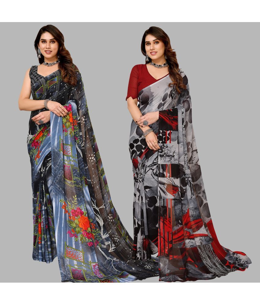     			Kashvi Sarees Georgette Printed Saree With Blouse Piece - Multicolor ( Pack of 2 )