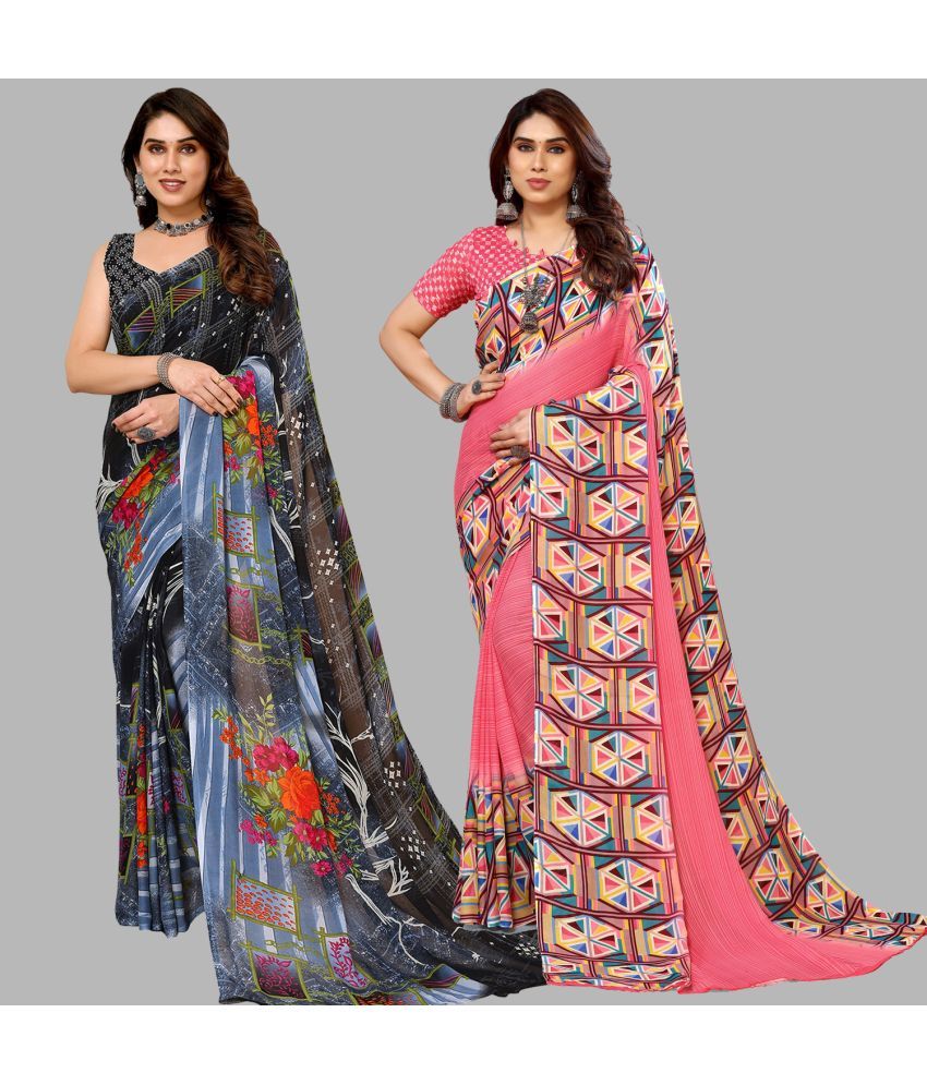     			Kashvi Sarees Georgette Printed Saree With Blouse Piece - Multicolor ( Pack of 2 )