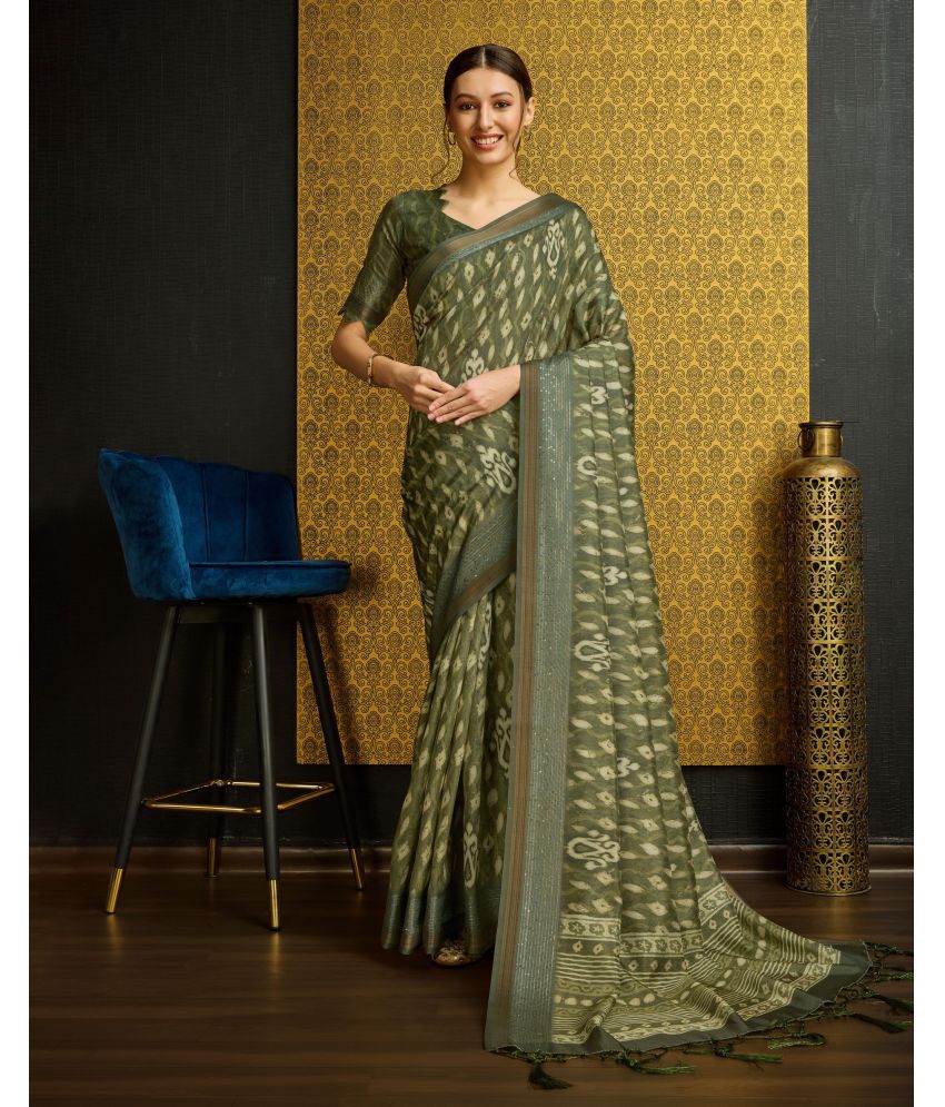     			Rekha Maniyar Fashions Silk Printed Saree With Blouse Piece - Olive ( Pack of 1 )