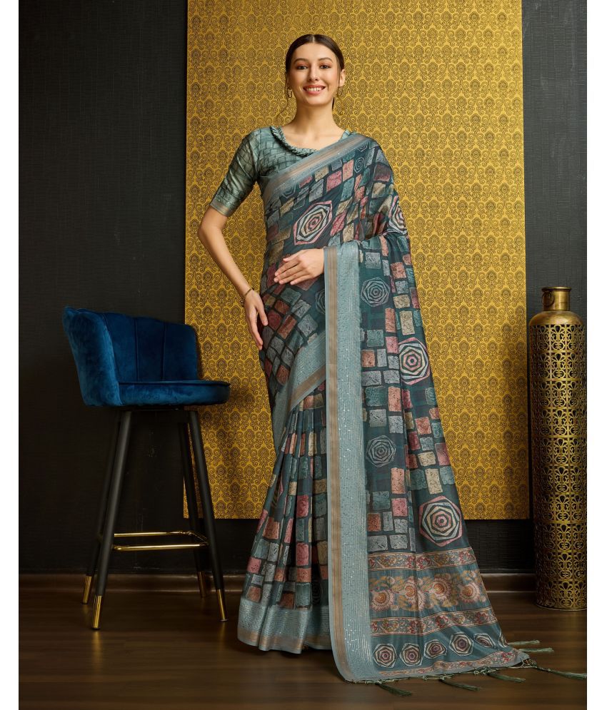     			Rekha Maniyar Fashions Silk Printed Saree With Blouse Piece - Teal ( Pack of 1 )