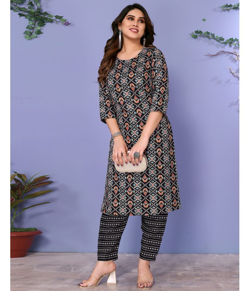     			Skylee Cotton Blend Printed Kurti With Palazzo Women's Stitched Salwar Suit - Black ( Pack of 1 )