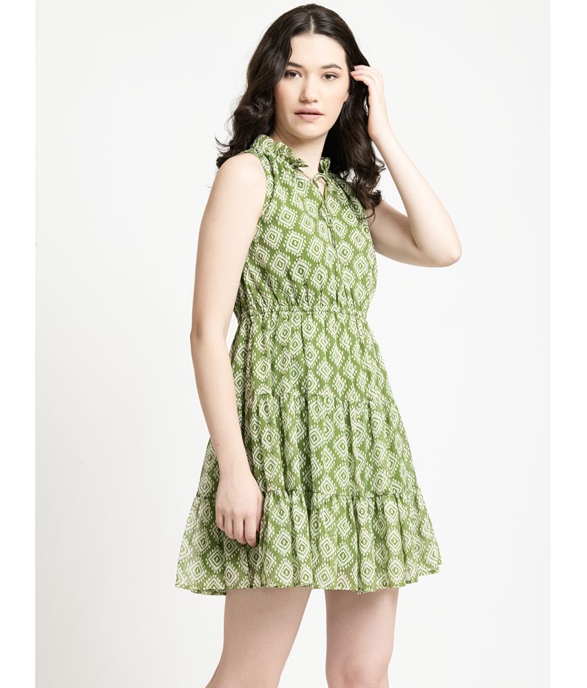     			June 9 Clothing Chiffon Printed Mini Women's Fit & Flare Dress - Green ( Pack of 1 )