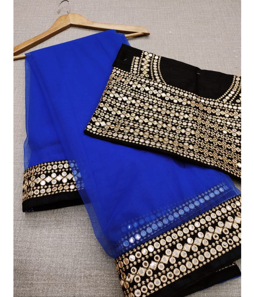     			Poshvariety Net Printed Saree With Blouse Piece - Blue ( Pack of 1 )