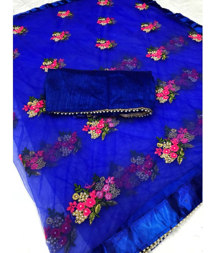     			Poshvariety Silk Embroidered Saree With Blouse Piece - Blue ( Pack of 1 )