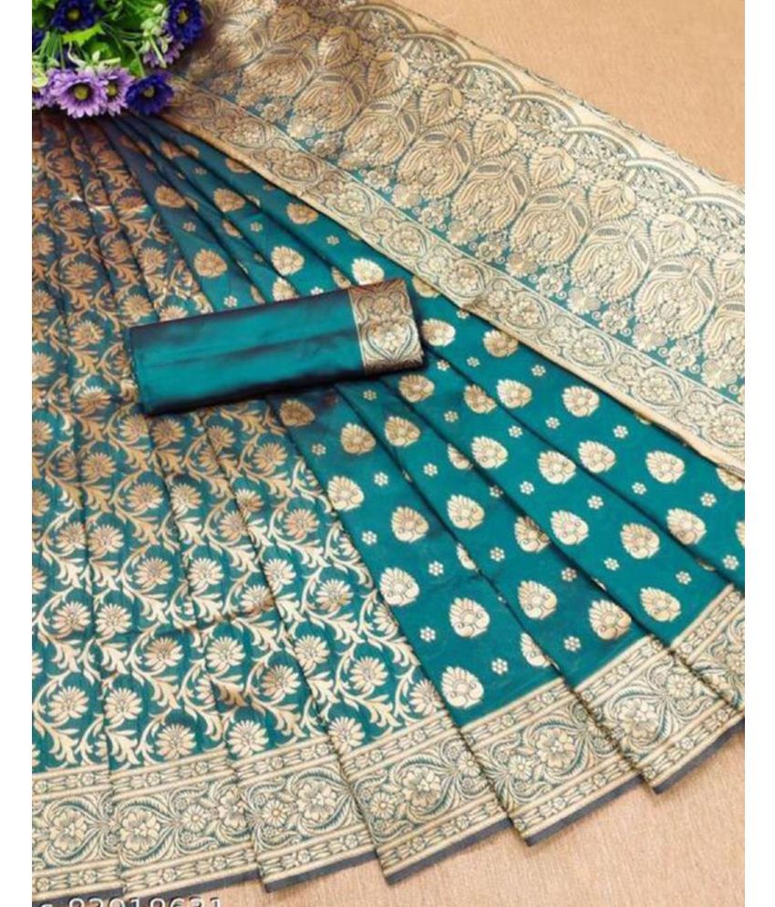     			Samah Art Silk Woven Saree With Blouse Piece - Turquoise ( Pack of 1 )