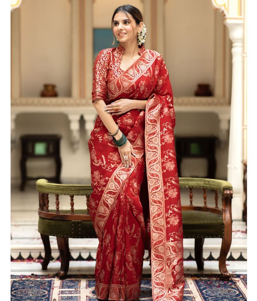     			Samah Art Silk Woven Saree With Blouse Piece - Red ( Pack of 1 )