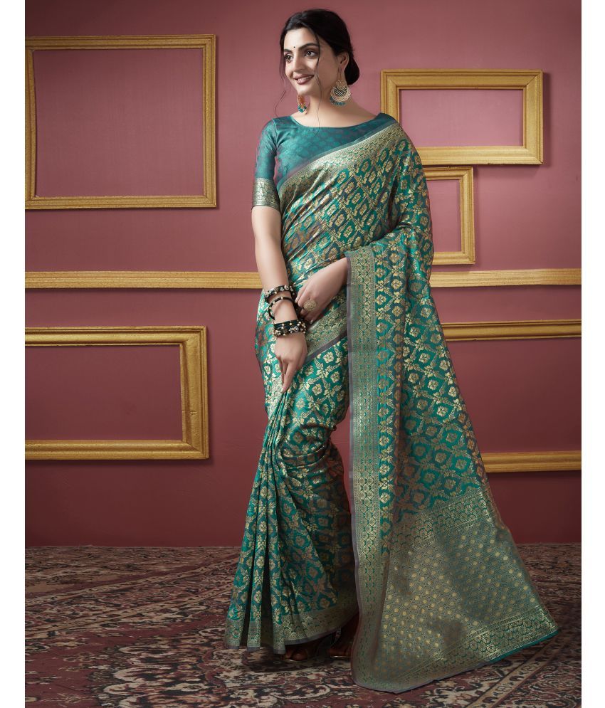     			Samah Art Silk Woven Saree With Blouse Piece - Teal ( Pack of 1 )