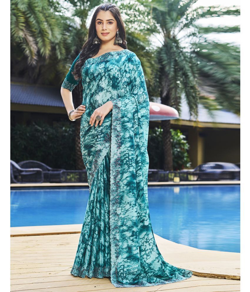     			Samah Crepe Embellished Saree With Blouse Piece - Turquoise ( Pack of 1 )