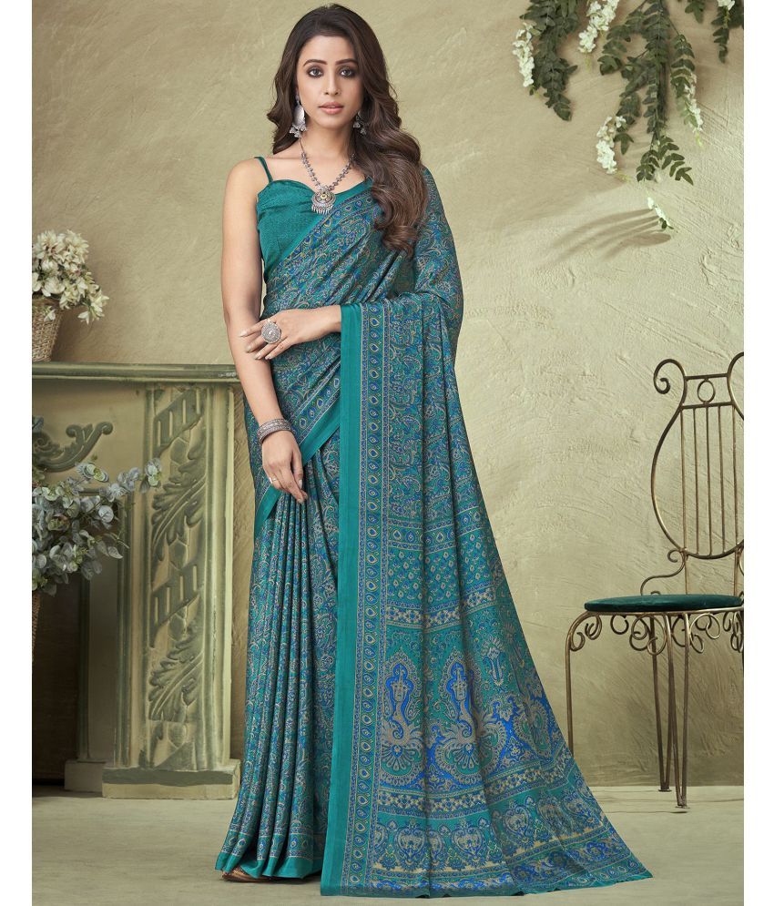     			Samah Crepe Printed Saree With Blouse Piece - Teal ( Pack of 1 )