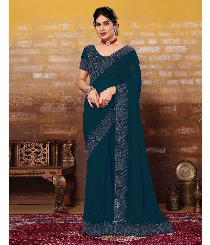     			Samah Georgette Embellished Saree With Blouse Piece - Teal ( Pack of 1 )