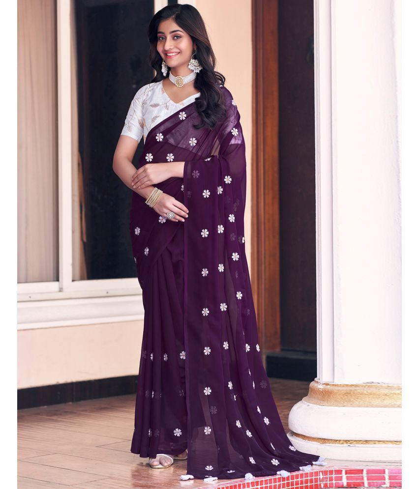     			Samah Georgette Embroidered Saree With Blouse Piece - Purple ( Pack of 1 )