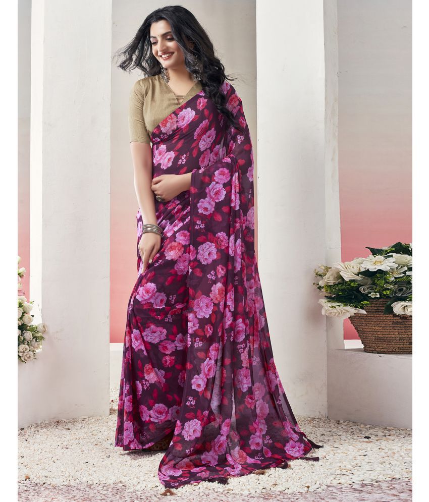     			Samah Georgette Printed Saree With Blouse Piece - Wine ( Pack of 1 )