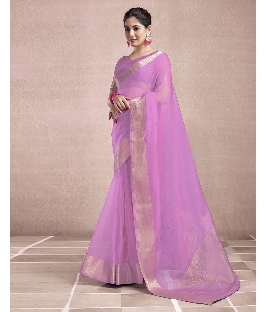     			Samah Organza Woven Saree With Blouse Piece - Pink ( Pack of 1 )