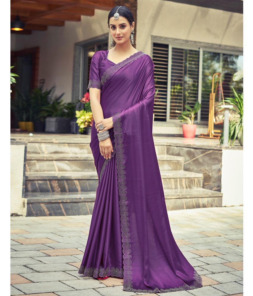     			Samah Satin Solid Saree With Blouse Piece - Purple ( Pack of 1 )