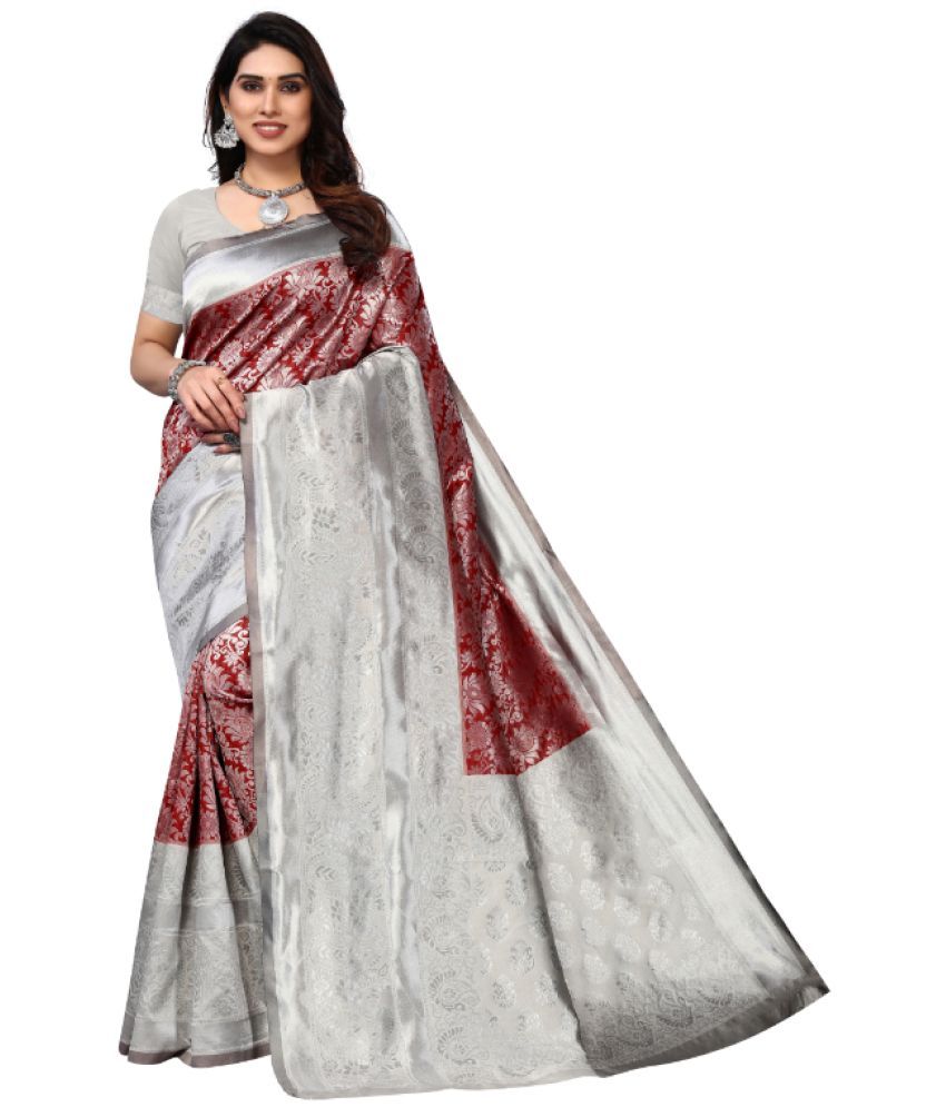     			Aadvika Banarasi Silk Printed Saree With Blouse Piece - Silver ( Pack of 1 )