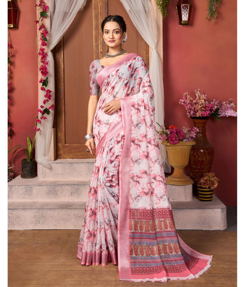     			Aadvika Linen Printed Saree With Blouse Piece - Pink ( Pack of 1 )