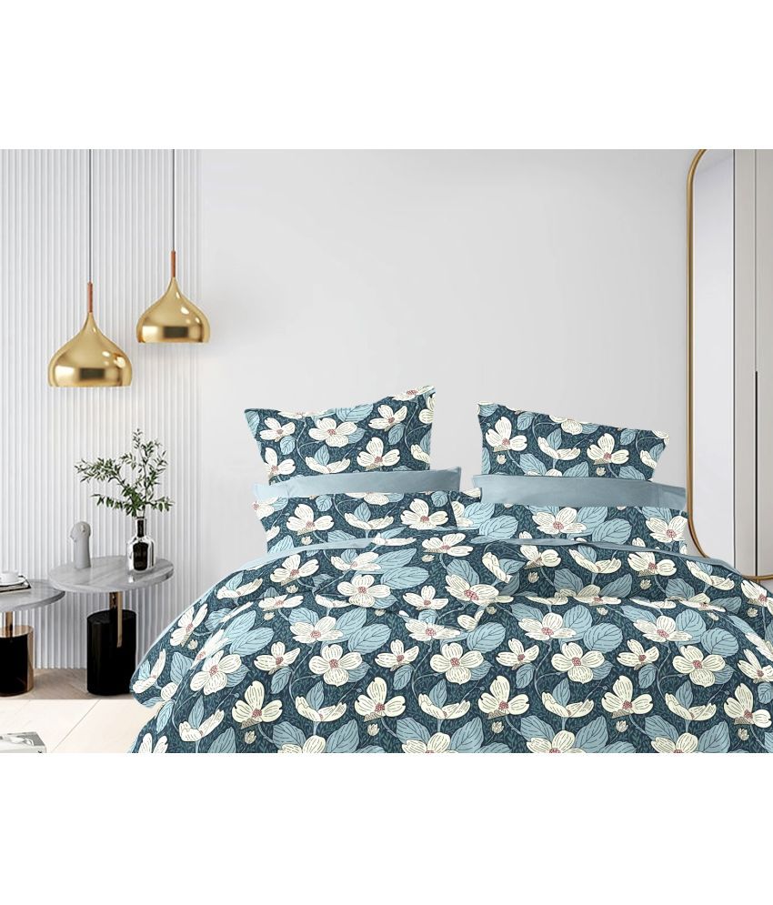    			CTF Bedding Microfiber Floral 1 Double Queen Size Bedsheet with 2 Pillow Covers - Blue