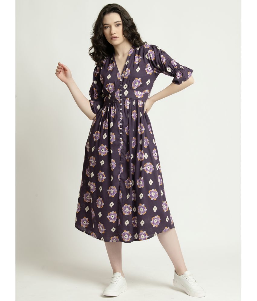     			June 9 Clothing Rayon Printed Full Length Women's Fit & Flare Dress - Purple ( Pack of 1 )