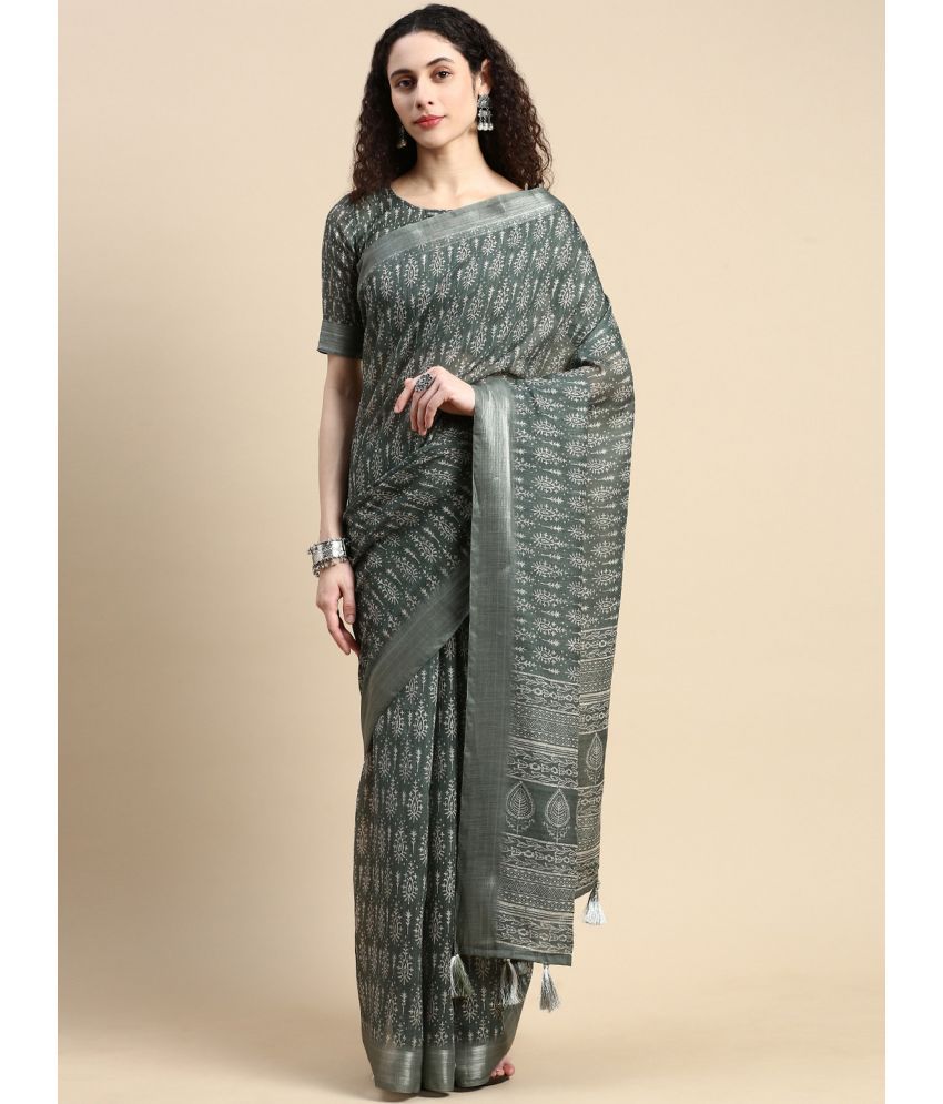     			Rekha Maniyar Fashions Nylon Printed Saree With Blouse Piece - Green ( Pack of 1 )