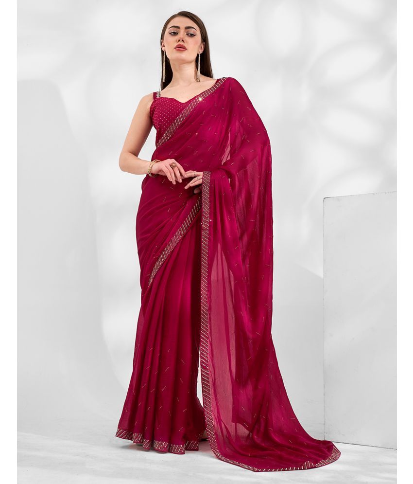     			Samah Chiffon Embellished Saree With Blouse Piece - Maroon ( Pack of 1 )